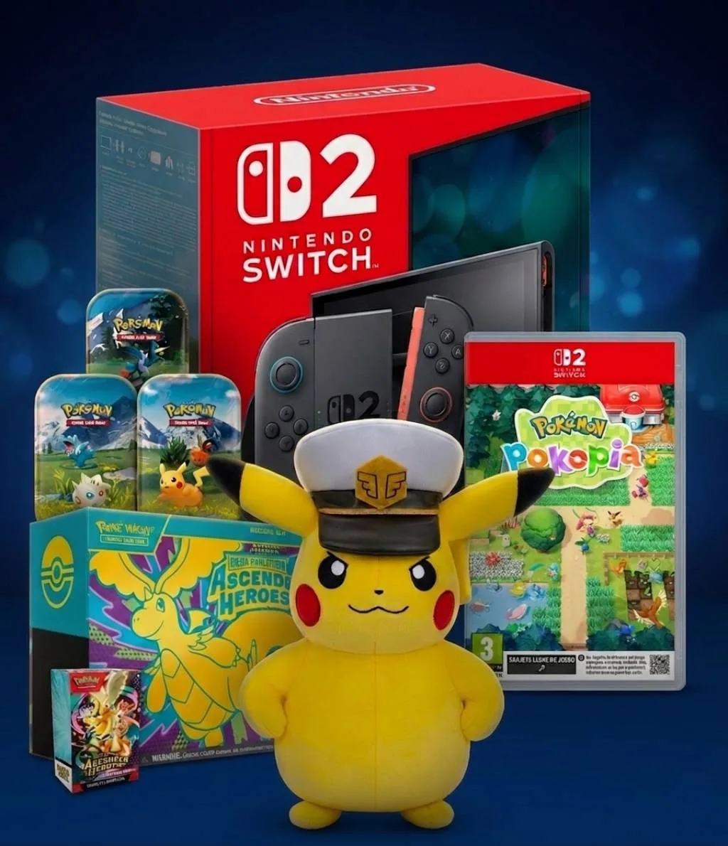 Nintendo Switch 2, sobres y cartas TCG Pokémon, peluche de Pikachu capitán y juegos exclusivos